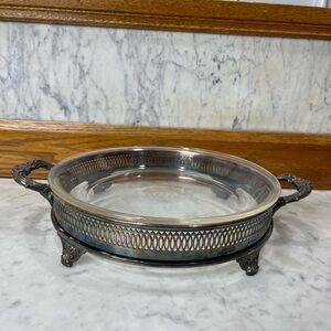 vintage, silver-plated casserole dish holder with glass dish